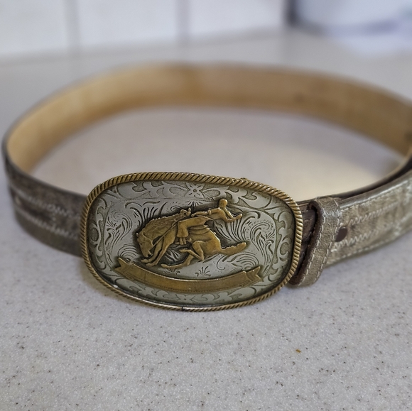 Vintage German Silver Western Belt Buckle and Tony Llama Belt - Picture 2 of 8